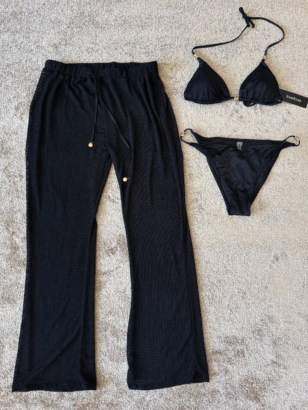 MSRP $128-Women's bebe 3 Pcs Swim Set-Black Bikini, Top & See Through Mesh Pant